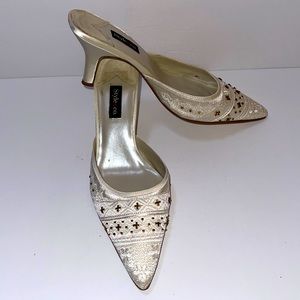 Ivory Satin Embellished Mules